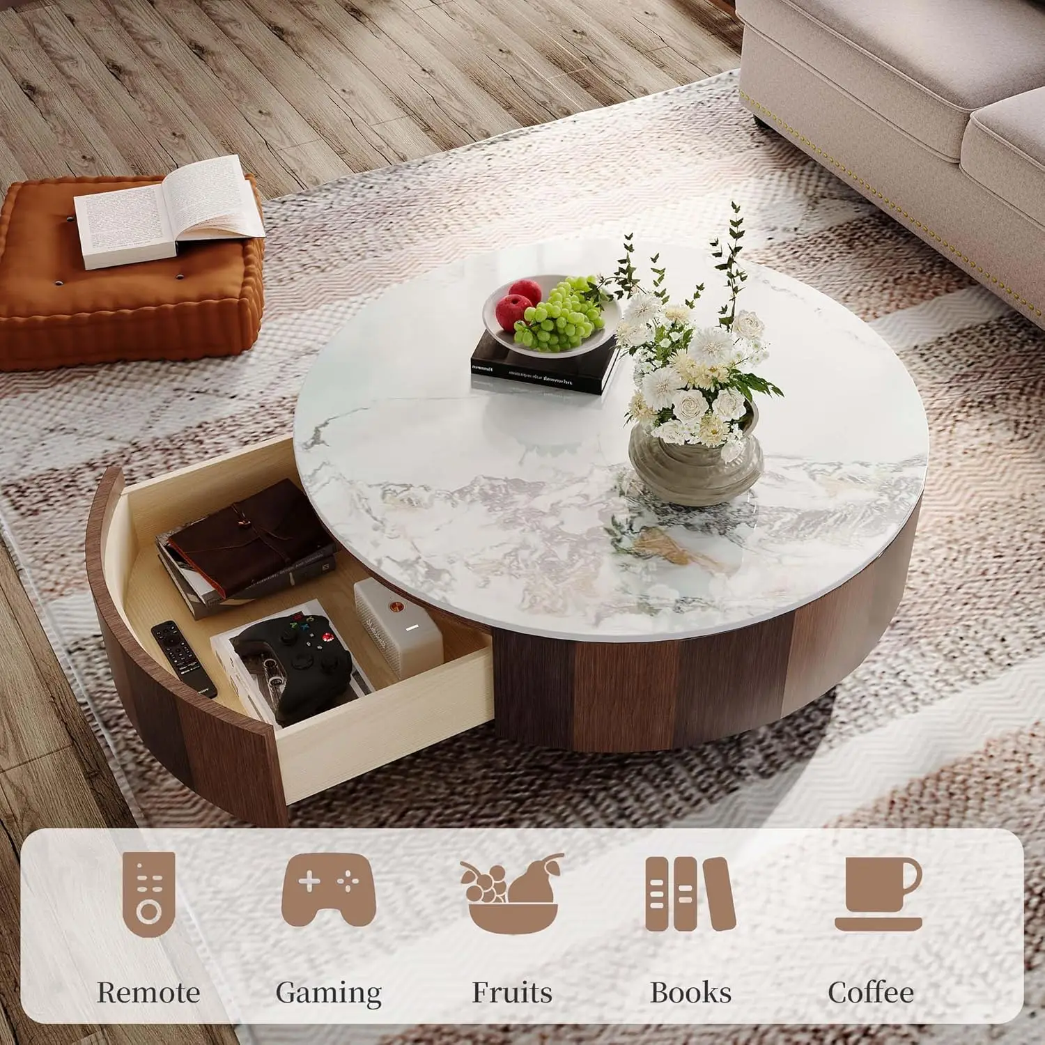 Round Storage Coffee Table 35.4" Mid Century Marble Top Wood Base Living Room No Assembly, Customized