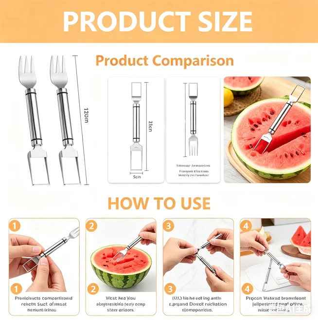 2 Pack 2 in 1 Stainless Steel Watermelon Slicer and Fork Cutter Tool for Home Party Camping Kitchen Gadget - Detail 1