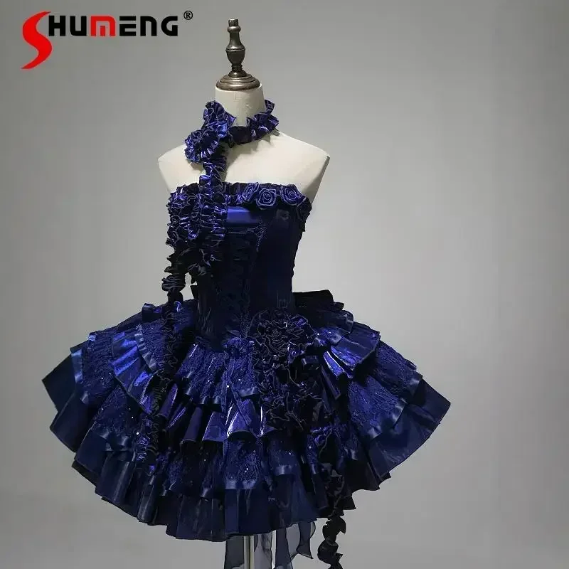 Vestido de princesa azul Lolita para mujer, vestido gótico de cintura alta, ajustado, elegante, a la moda, con volantes rosas en 3D, sin tirantes y sin mangas