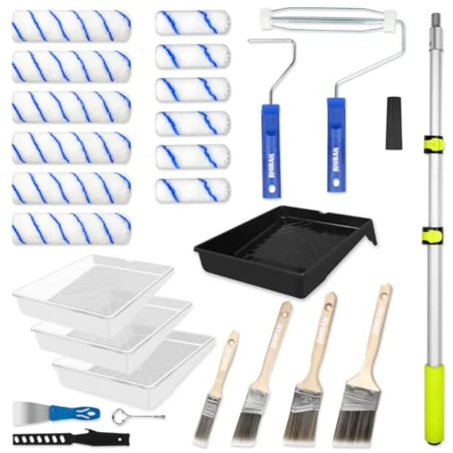 

Paint Roller Kit with Extension Pole, 27 Piece Set, 2 to 4 Ft Pole, 4"9" Paint Rollers, Paint Brushes Set for Professional Pain