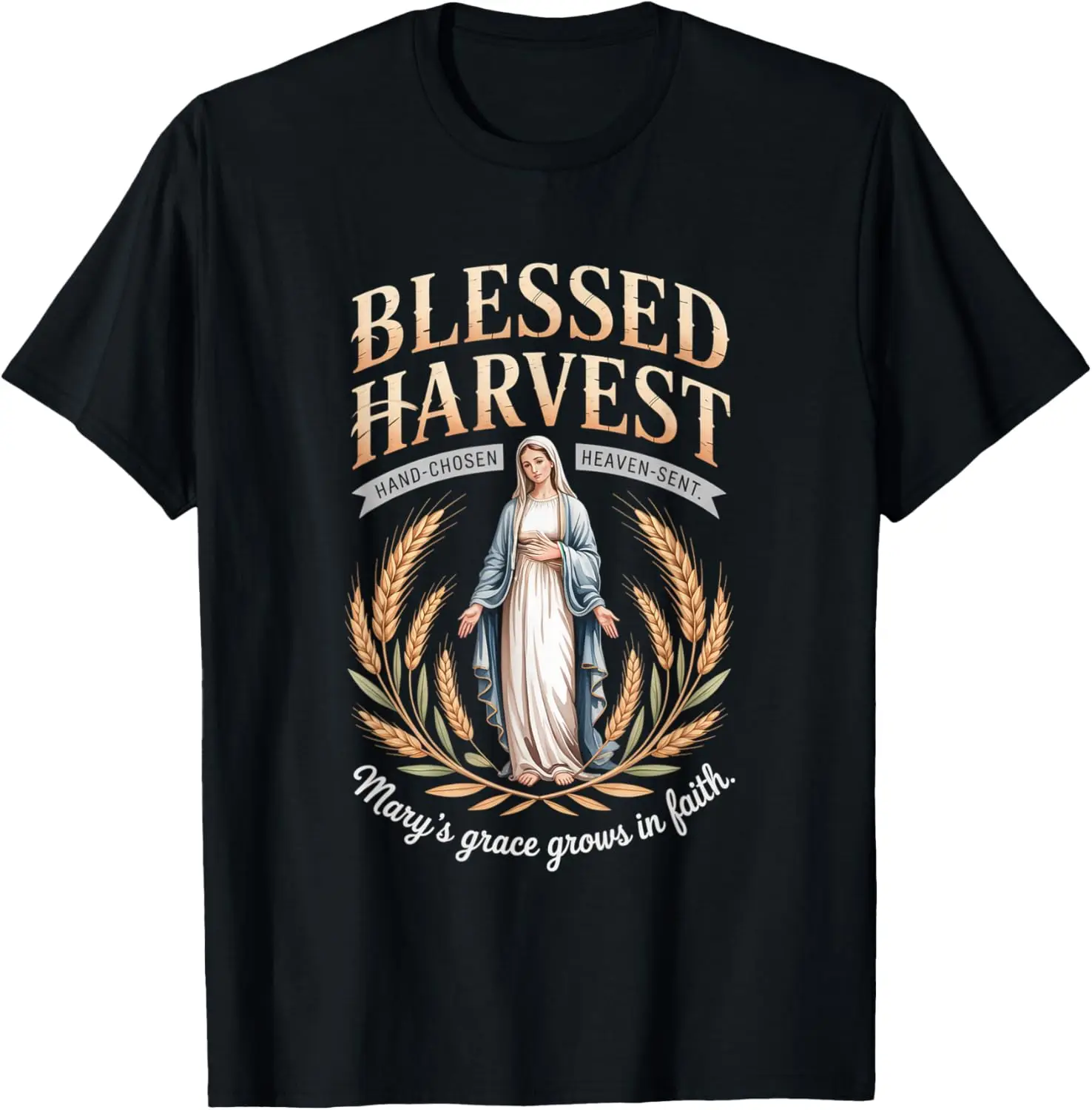 

Blessed Harvest Virgin Mary Christian Faith Graphic Tee Soft Cotton T-Shirt for Men