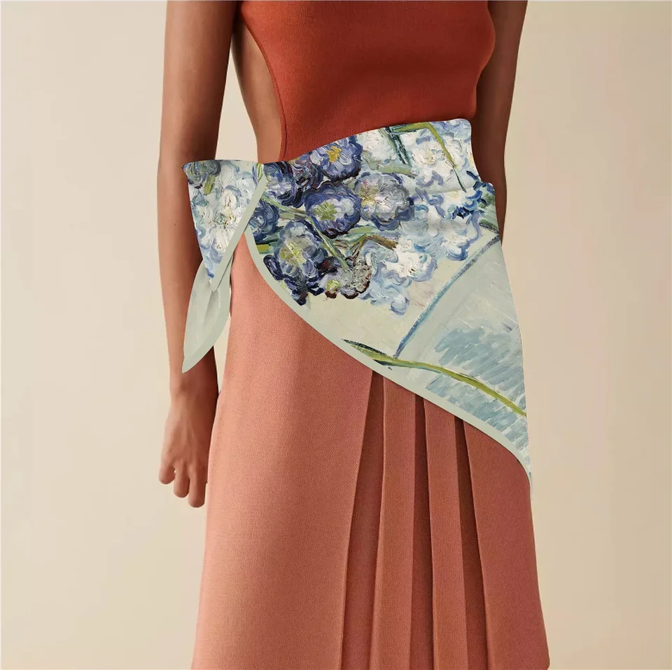 

90*90cm Stylish Van Gogh Oil Painting Carnation Scarf - Fashionable Travel Shawl, Headscarf, Bandana, High-Quality Wrap