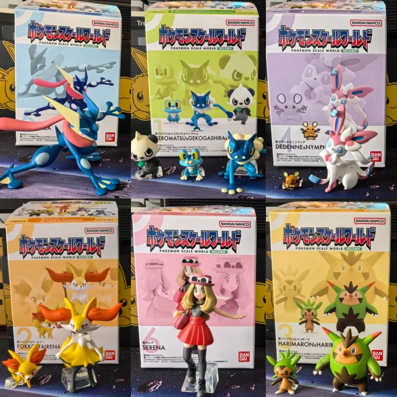 Figuras de Anime Originales de Bandai Scale World Pokemon de la Región de Kalos: Greninja, Froakie, Pancham, Fennekin, Chespin, Dedenne, Serena, Juguetes de Regalo