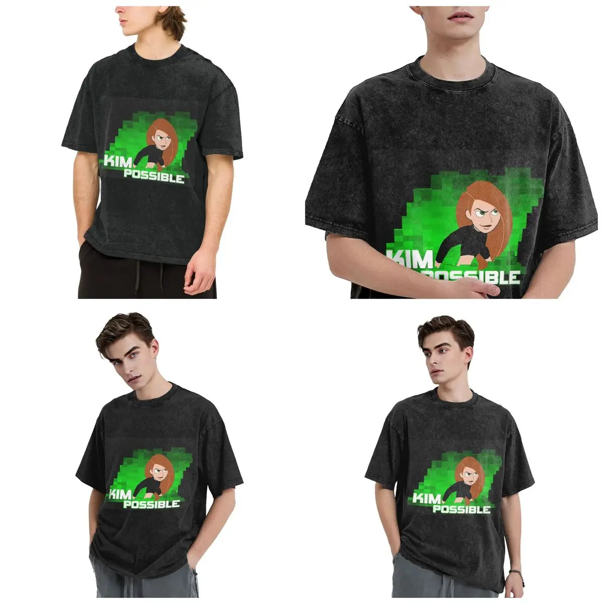 Kim Possible Anime Green Light Hip Hop Short Sleeve T-Shirts Washed Tops Tees Streetwear T Shirt Oversized for Men Women
