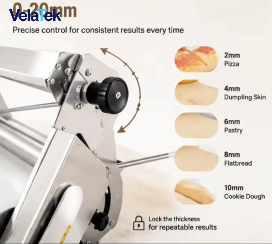 12 Inch Portable 304 S/S Dough Sheeter, Commercial Pizza Dough Roller, Adjustable 0-20mm, 30x60cm Slide Board