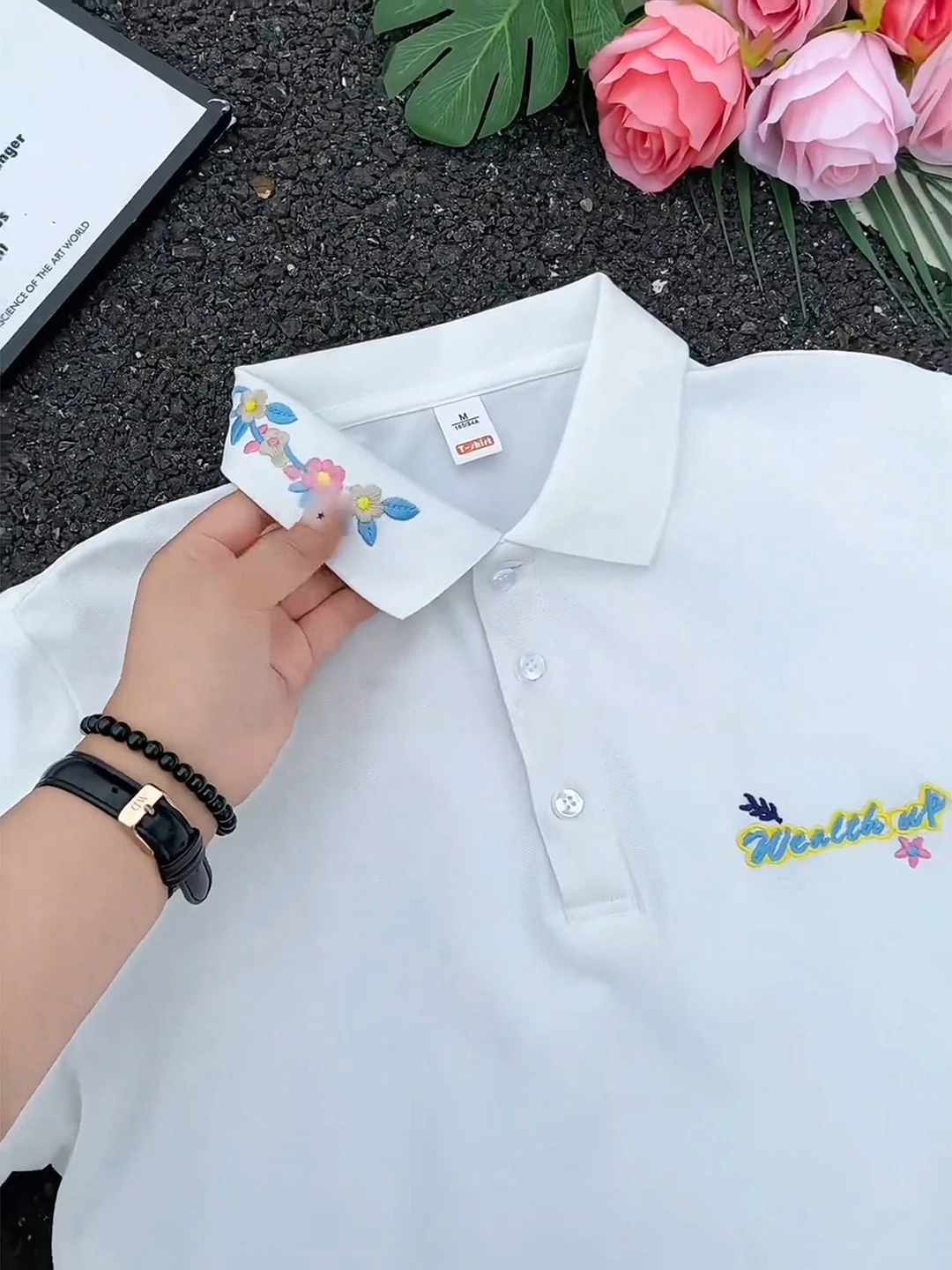 White Embroidered  Shirt Men's Summer Lightweight Short Sleeve T-Shirt CleanFit Half Sleeve Breathable Micro Stretch