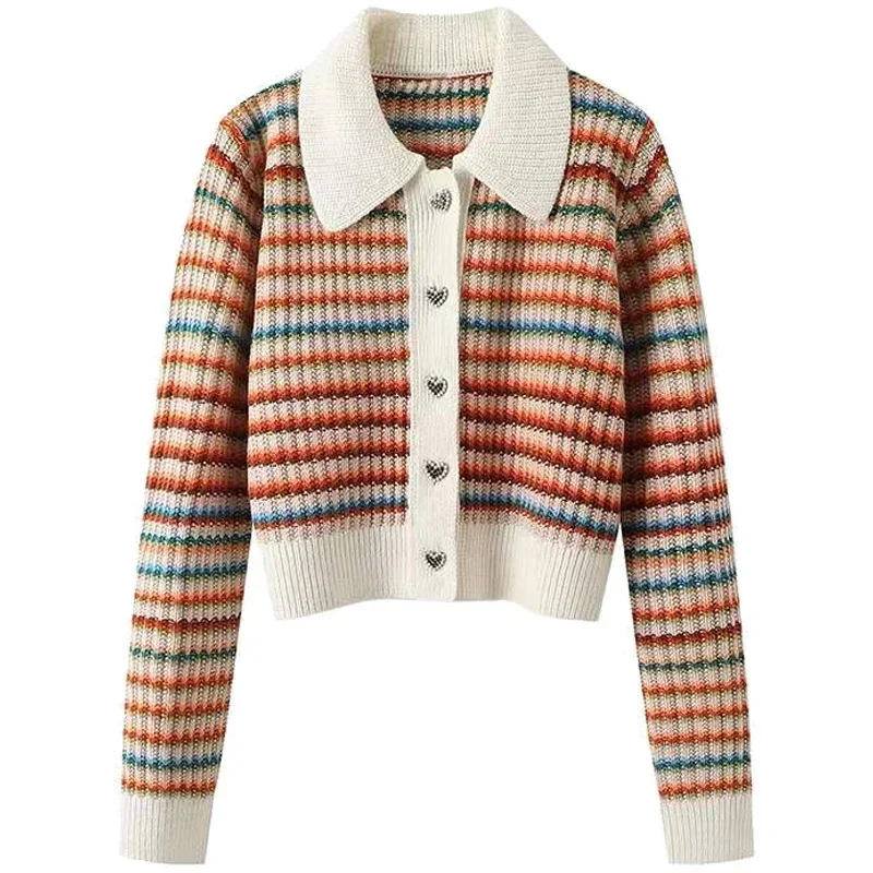 

Women's Colorful Striped Knitted Cardigan Short Spring Autumn Vintage Stripe Sweater Fashion Slimming Flip Collar Loose Top