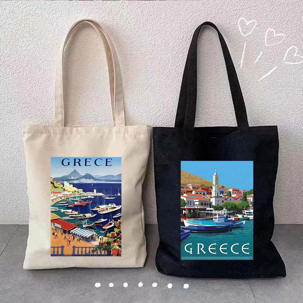 Capital Athens Greece Santorini Oia Island Love Heart Landscape Travel Shopper Harajuku Canvas Tote Bag Cotton Shopping Handbags