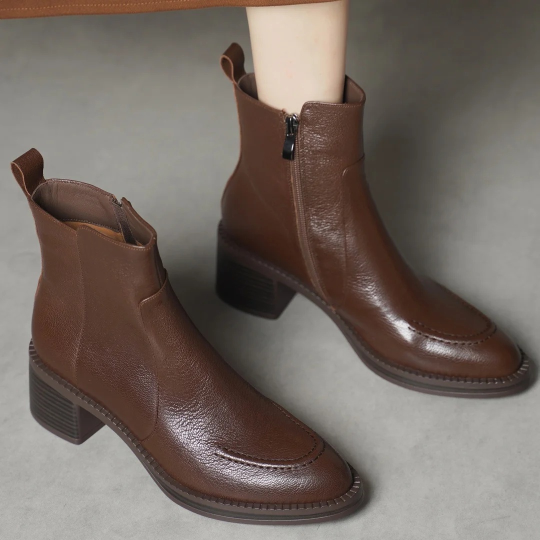 

Women's sheepskin round toe side zip autumn ankle boots 5.5cm thick med heel high quality soft comfortable short booties shoes