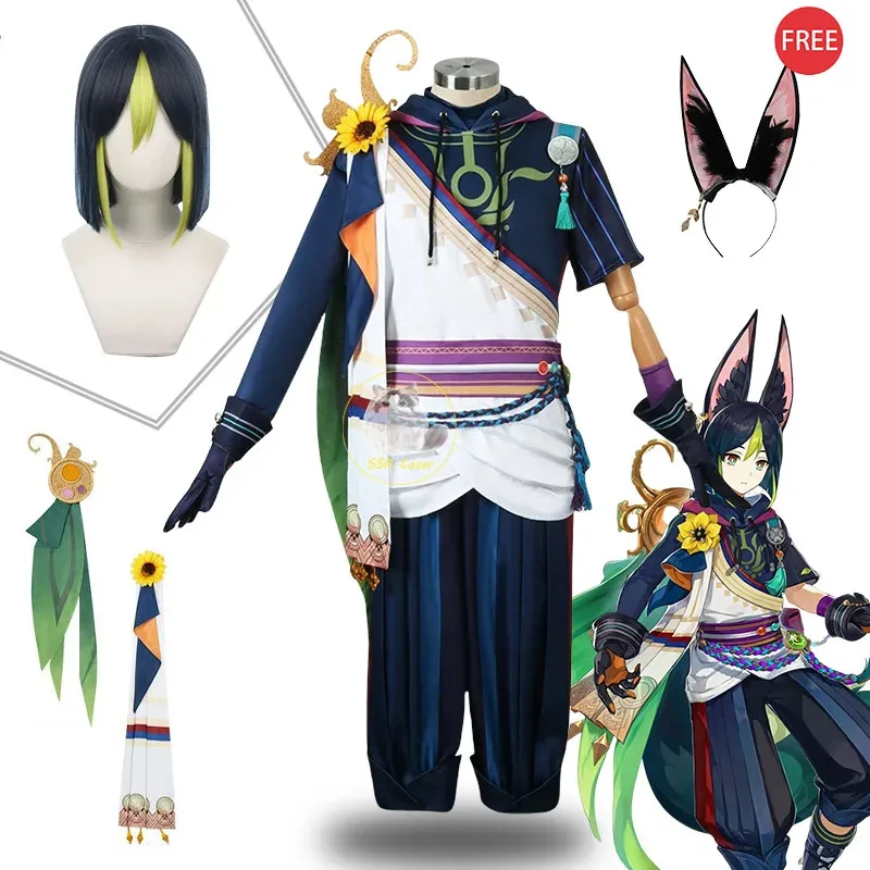 

Genshin Impact Cosplay Tighnari Cosplay Costume Uniform Headwear Halloween Carnival Outfits Ears Tail Wig for Comic Con