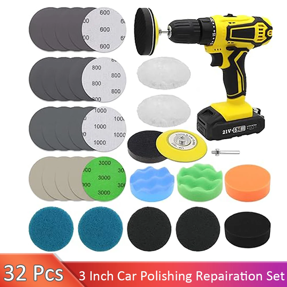 

VIBRATITE 32 Pcs 3 Inch Car Headlight Restoration Kit Car Polishing Sanding Discs with 1/4 Inch Shank Backing Pad Scouring Pads