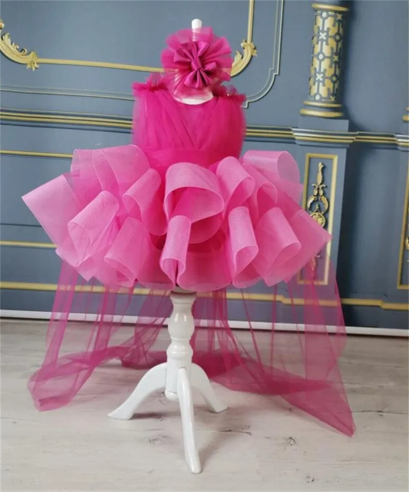 Fuchsia Fluffy Baby Girl Dress with Long Detachable Train Little Princess Birthday Gown Flower Girl Dress Child 12M-14T