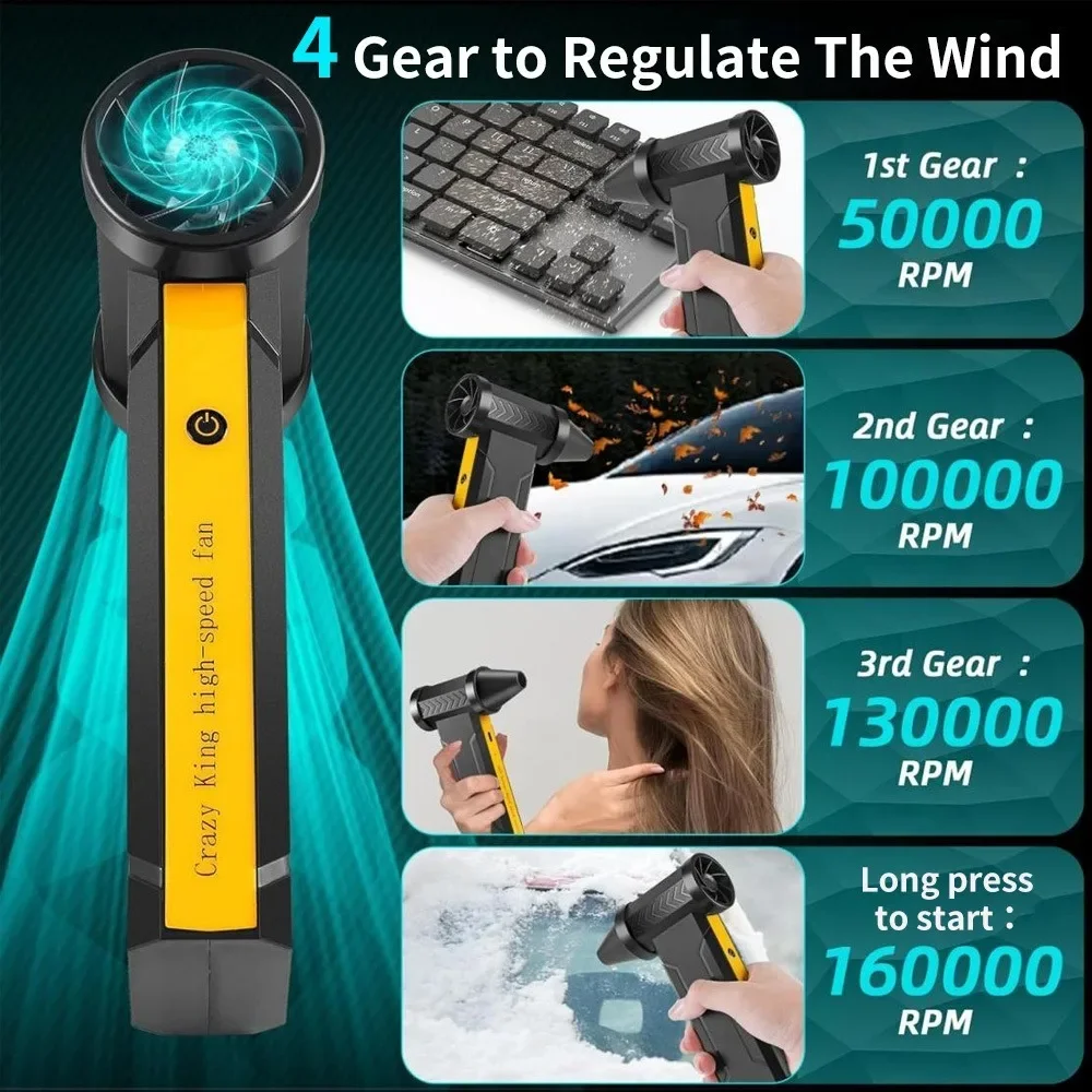160000RPM Turbo  Fan Brushless Motor Handheld Dust Fan Strong Wind Speed 60M/S 10000MAH Portable Type-C Charging For  Car Use