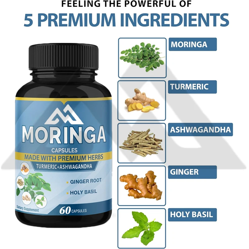 Moringa Capsules 6450mg, containing South African Solanum Root, Tulip, Ginger, Turmeric - Energy, Immune Support -60 capsules