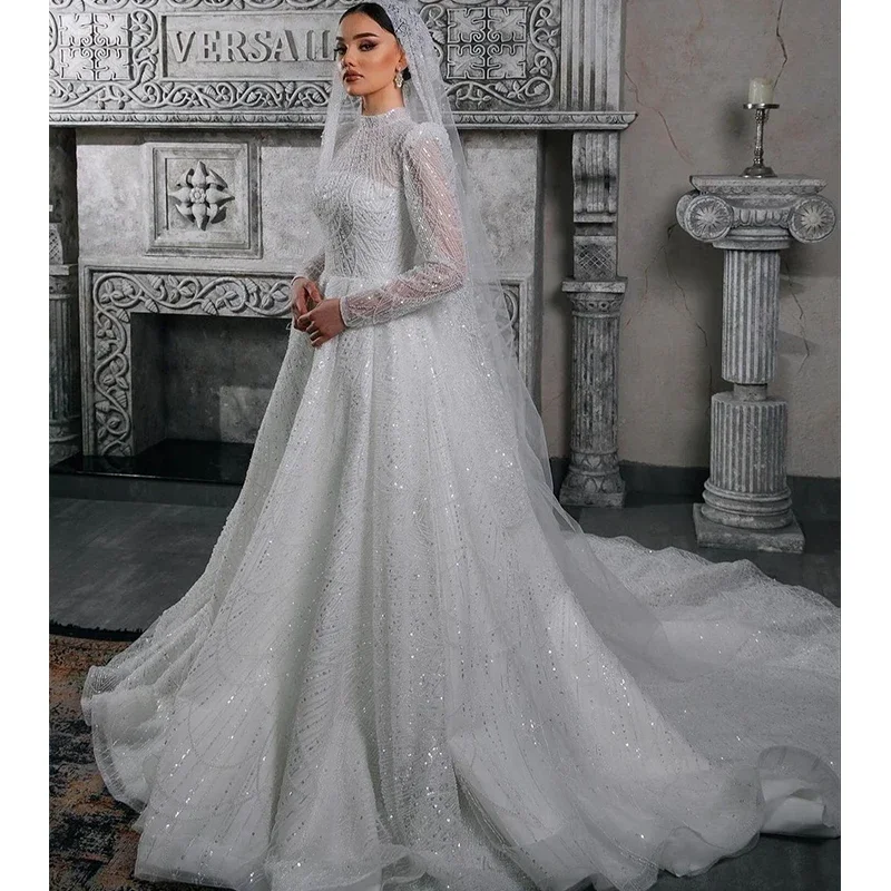 

High-Neck Wedding Dress Fully Beaded Luxurious A-Line Floor Length Ballgown Full Sleeve Customized Bride Muslim Vestido De Novia