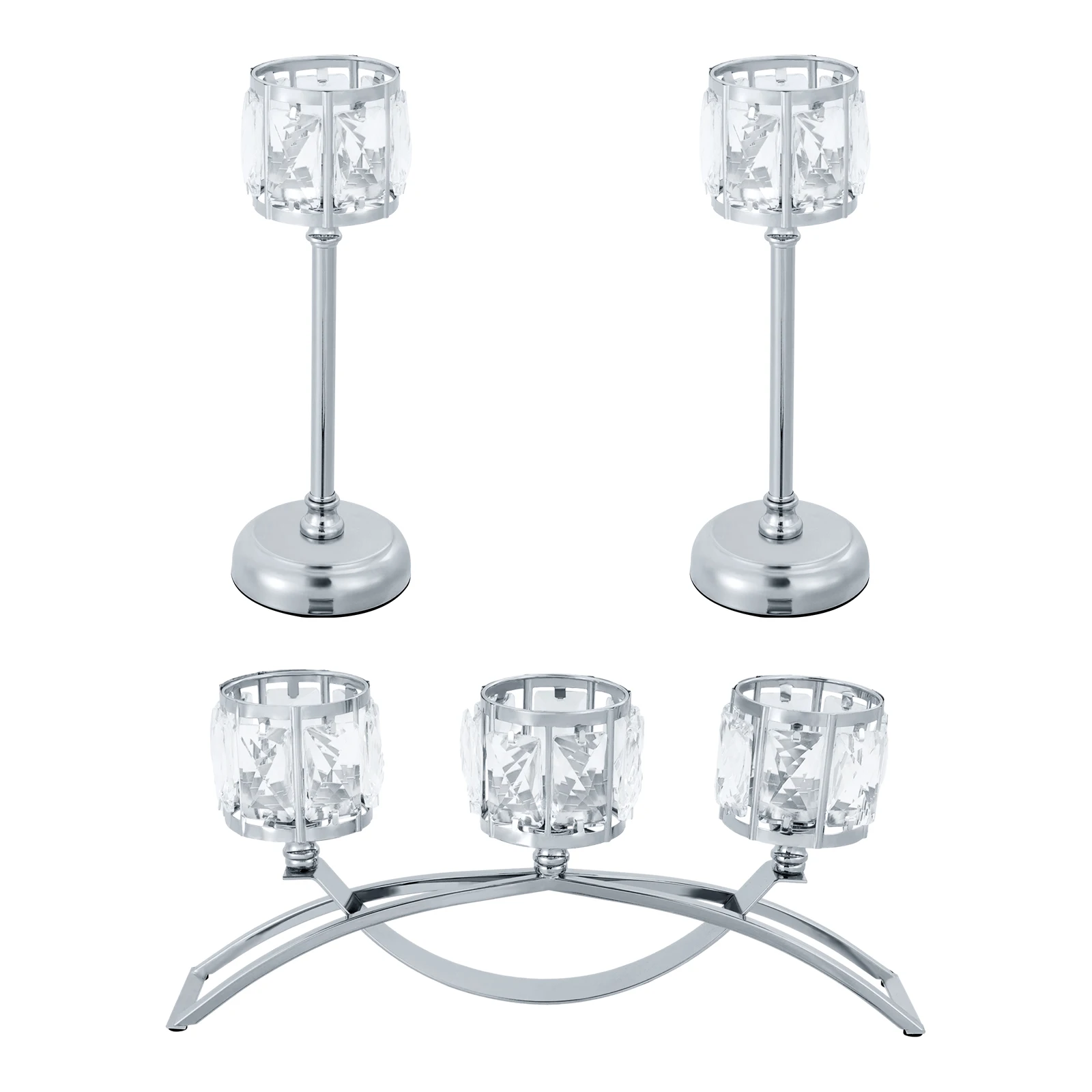 Silver 3 PCS In One Three-arm Arched Candle Holder With Pillar Candle Holders Modern Tabletop Candle Holder Iron Crystal Flannel