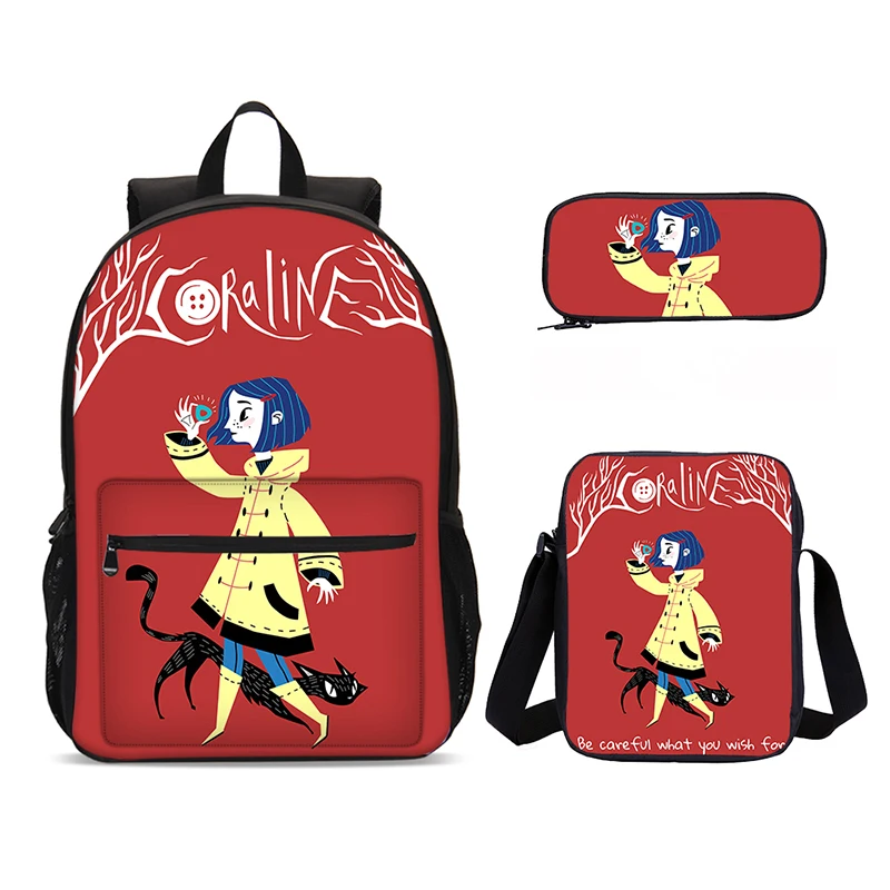 Coraline 3 Pcs Set,Child Backpack,Shoulder Bags,Pencil Bags,Light Weight School Backpack, Bags for Boys Girls Best Gift