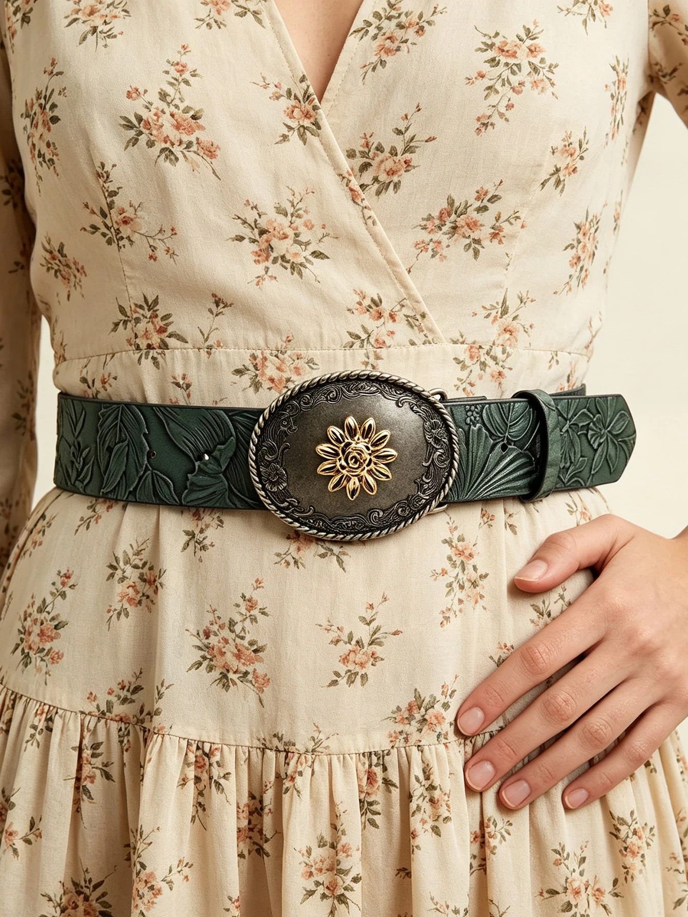Vintage Western Embossed Green Women Belt, Oval 3D Flower Large Plate Buckle Decorative Pu Waistband