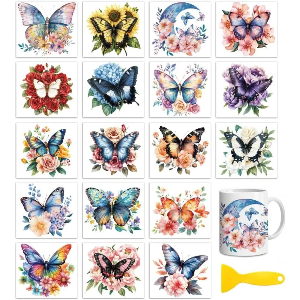 18 Blatt Transfer zum Aufreiben für Bastelarbeiten, Schmetterlinge und Blumen, 3,6 x 3,9 Zoll, UV-DTF-Cup-Wrap, wasserfeste Kalttransferaufkleber für Holz