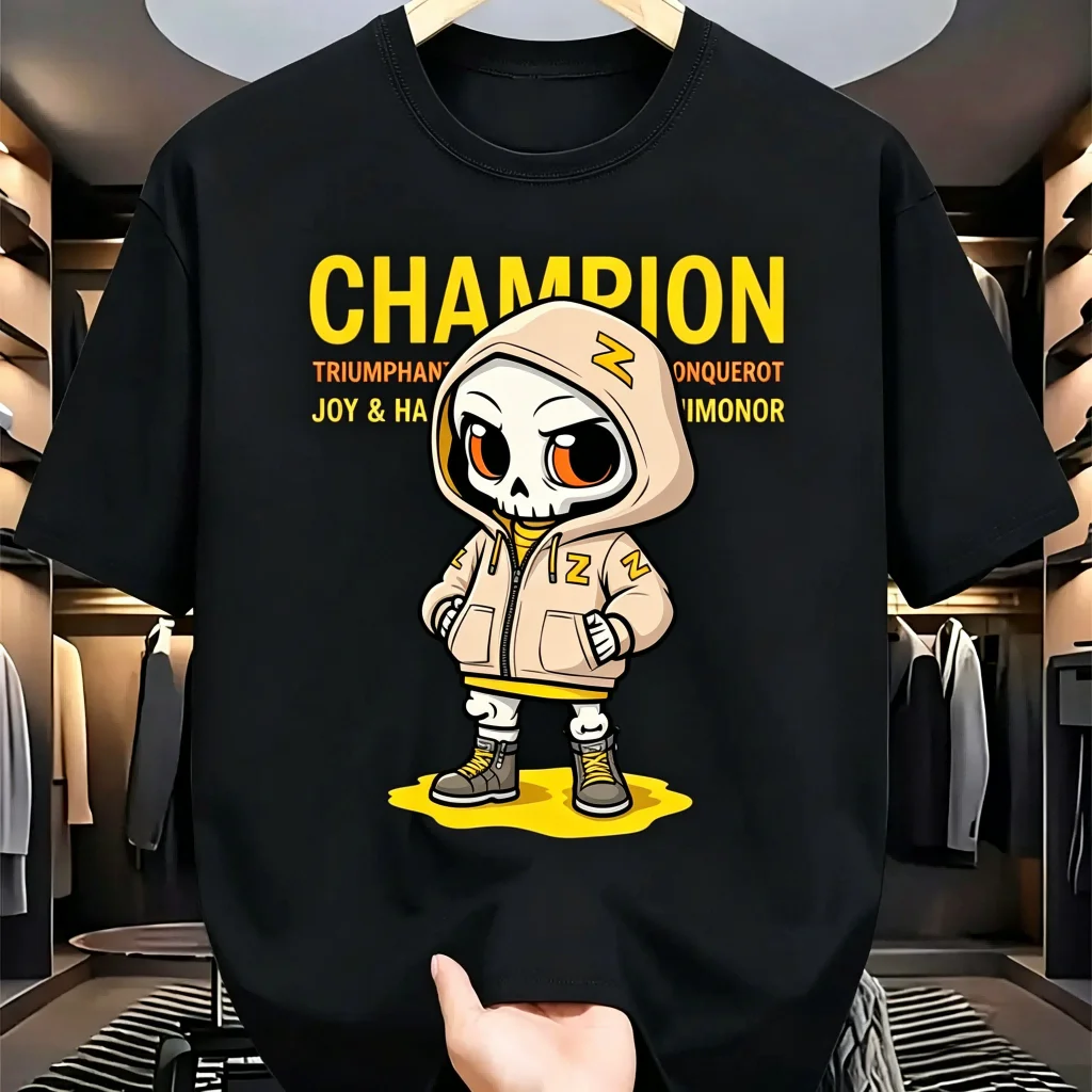 Camiseta de algodón negra para hombre, camiseta informal de manga corta con estampado de calavera Champion, ropa de calle