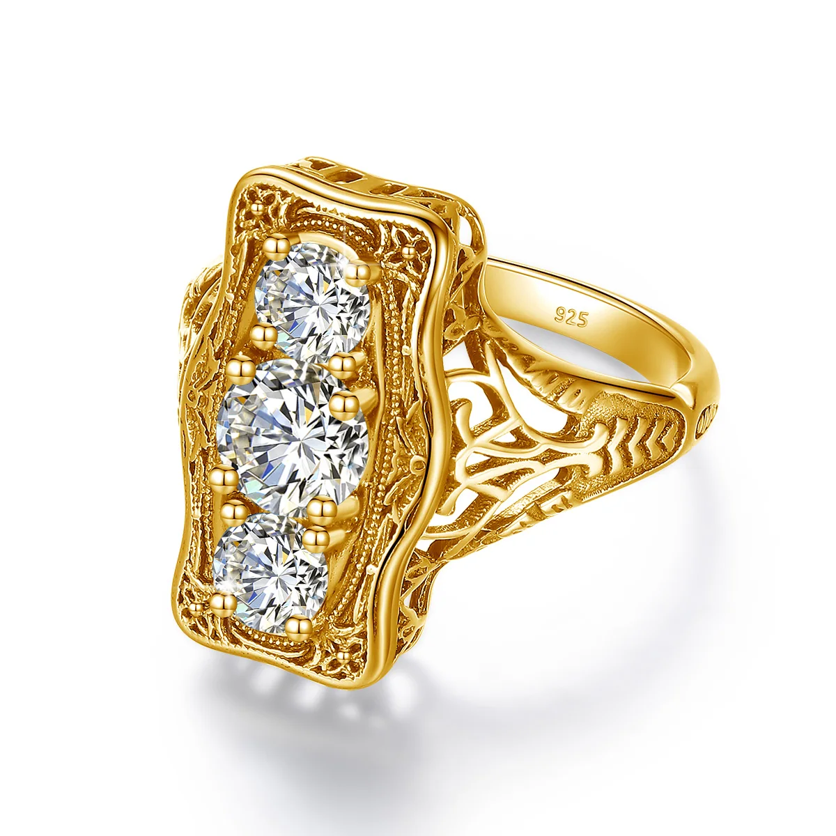 Trendiger 3-Stein-Luxus-Moissanit-Ring mit Zertifikat, Gesamtgewicht 1,6 Karat, Diamant-Design-Schmuck, Massivsilber 925, Verlobungsgeschenk – Detail 2