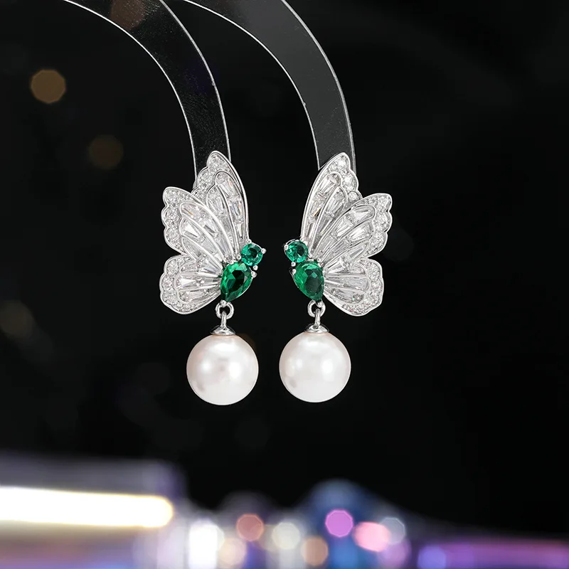 High-end Ultra Shiny Inlaid Zircon Double Flying Trendy Elegant Fashion Versatile Butterfly Pearl Earrings
