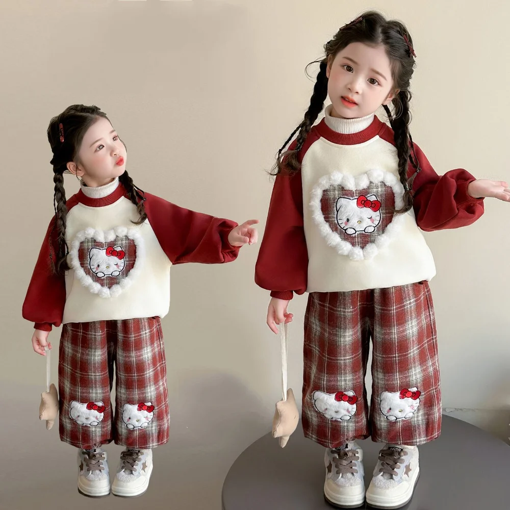 

Hot Sanrio Hello Kitty Girls Velvet Thick Shoulder Hoodie Plaid Pants Set Plush Heart Cute Cartoon Autumn/winter Warm Sports Set