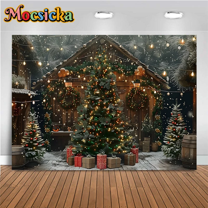 ฉากหลังต้นคริสต์มาสขนาดใหญ่สำหรับการถ่ายภาพโคมไฟบ้านกระท่อมไม้หิมะสีเขียวสำหรับตกแต่งพื้นหลังชอบถ่ายภาพสตูดิโอถ่ายภาพ