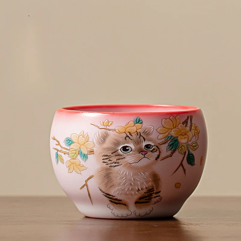 Yellow Flower Cat Hand Cup Sample Tea Cup Owner Cup Single Cup Ceramic Kung Fu Tea Set Small Tea Cup For Personal Use