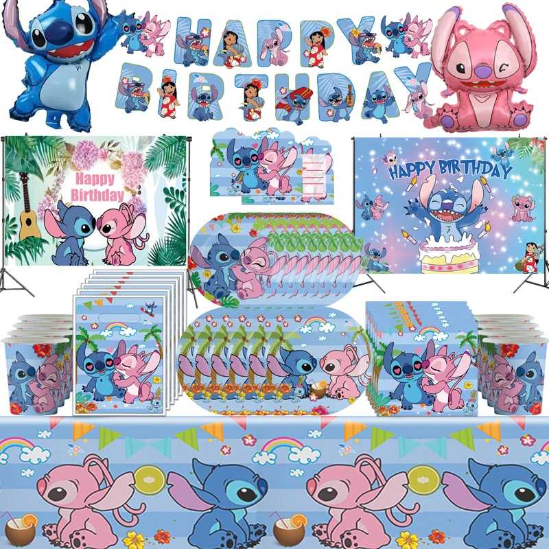 

New Lilo Stitch Party Supplies Cartoon Birthday Decoration Tablecloth Cup Napkins Toys Kawaii Kids Birthday Gift Baby Shower