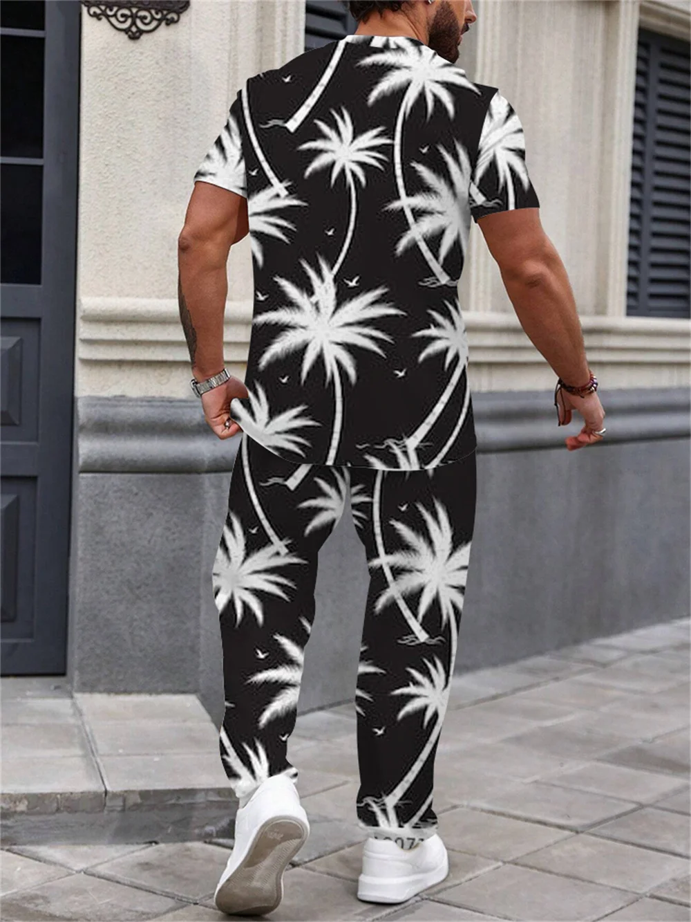 Summer Men\'s Short Sleeve And Pants Coconut Tree Print Hawaiian Vacation Style Summer Short Sleeve Suit Men\'s 2 Piece Set