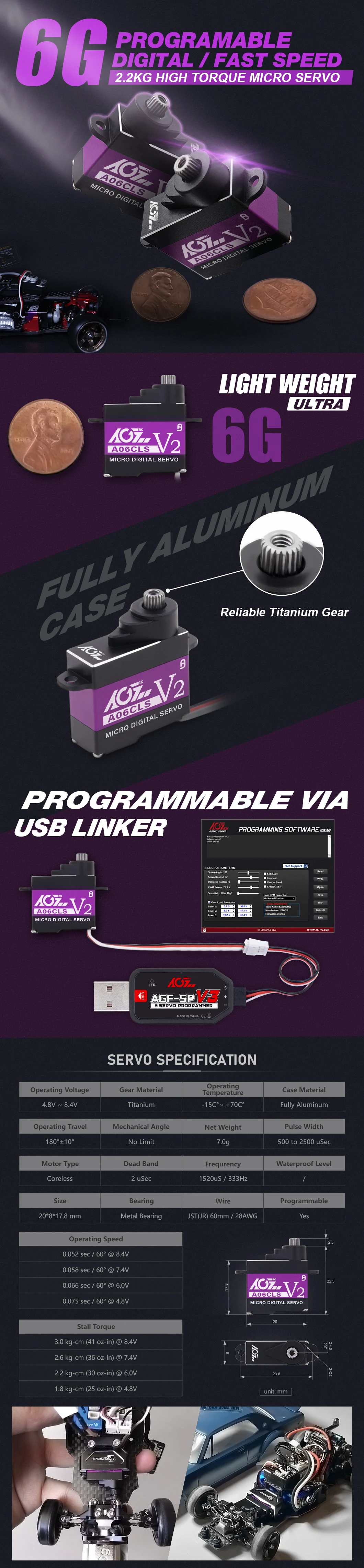 Agfrc a06cls v2 6g Titan getriebe 3,0 kg supers chn elles programmier bares Mikros ervo für Mini Auto glr gla mrz Flugzeug – Detail 3