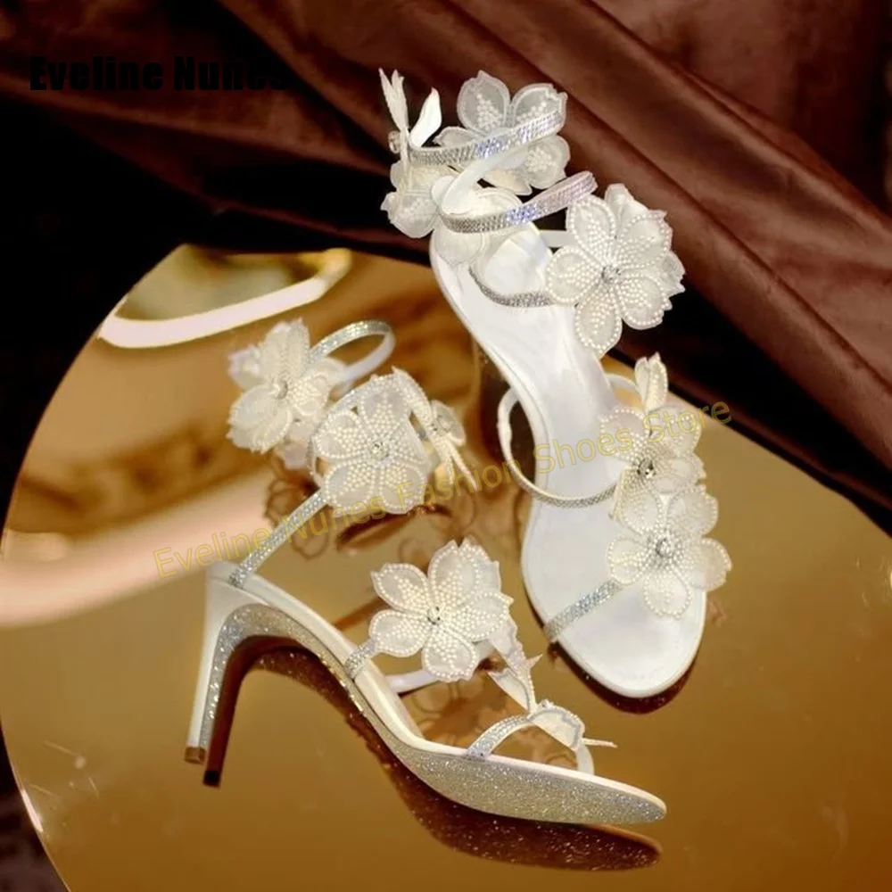 Elegant Bridal Flat Sandals White Flower Rhinestone Wrap Around Ankle Strap Open Toe Gladiator Sandals Wedding Party Women Shoes