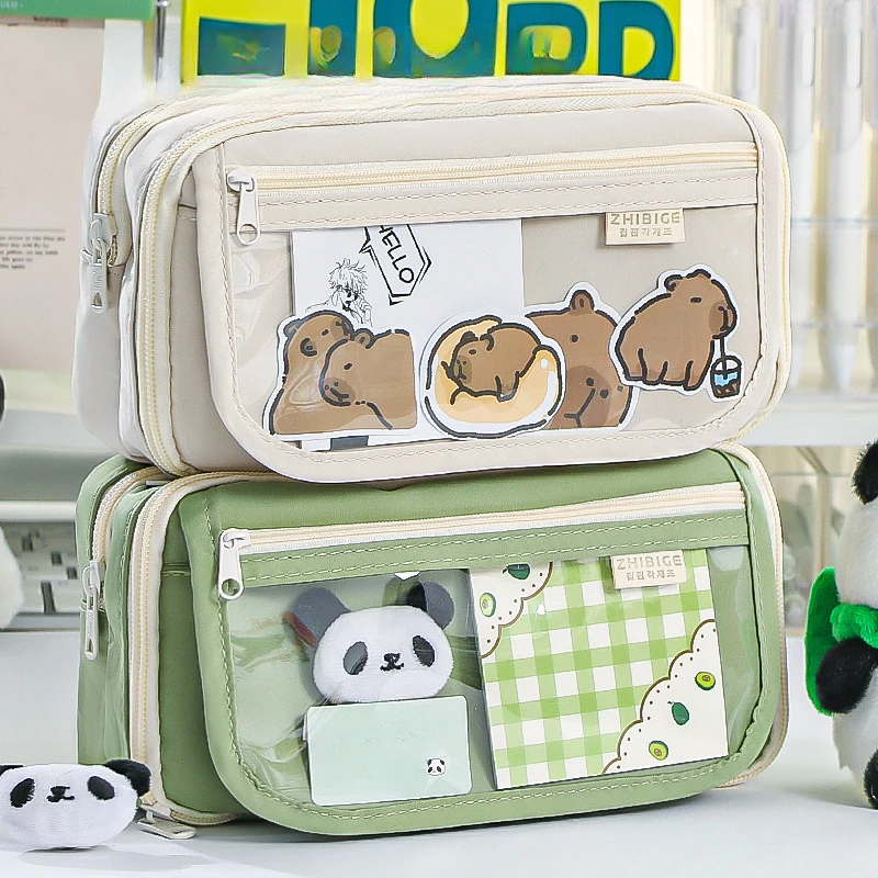 

Large Capacity Pencil Case with Transparent Compartment and Magnetic Button Flip