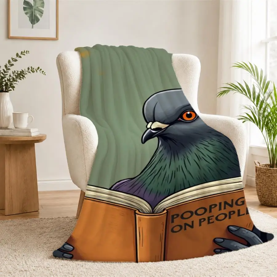 Cozy Illustrated Pigeon Reading Flannel Throw Blanket-Soft, Warm Ideal for Couch, Bed, Office & Travel Perfect Gift for Friends & Family Machine Washable 2D Flat Weighted Blanket 280GS, 2D Flat