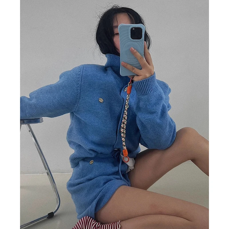 Veste pull à manches longues + short tricoté polyvalent, ensemble deux pièces avec lettres rétro et étiquetées, coréen chic, automne