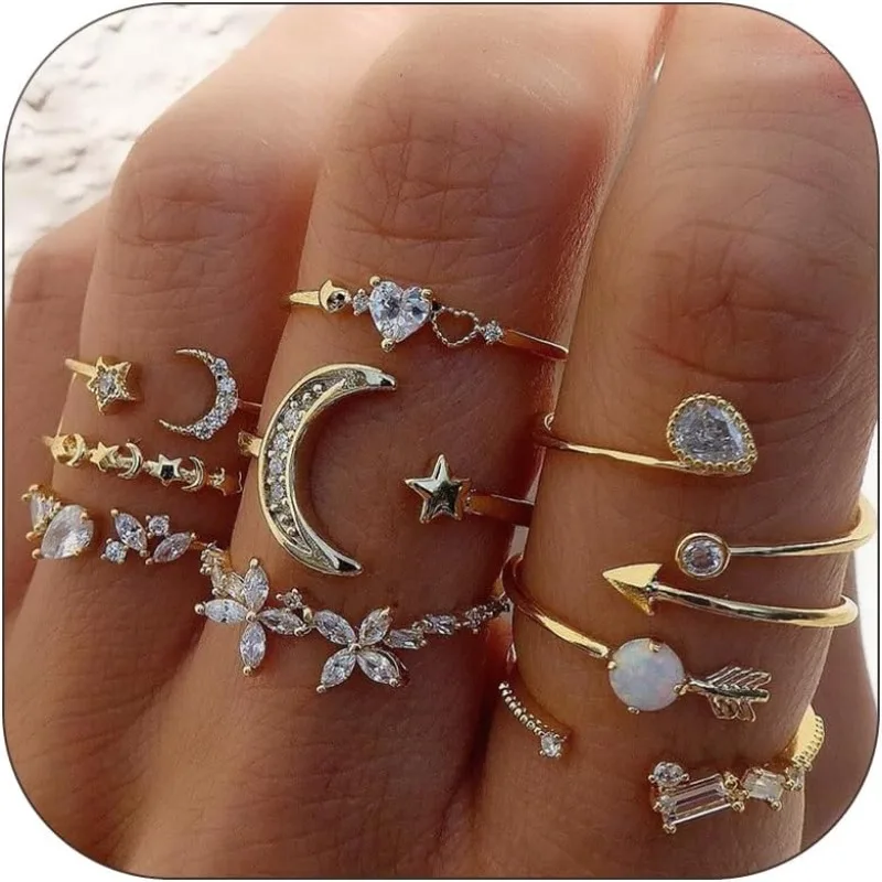 Anillos de oro para mujeres, regalos para adolescentes y niñas, apilables, cosas de moda, conjunto de anillos simples con forma de estrella y Luna, regalos para el día de Navidad y cumpleaños 2024