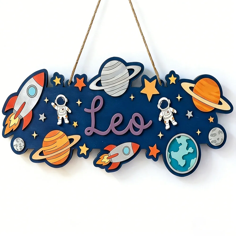 Custom Outer Space Wooden Name Sign, Personalized 3D Hanging Plaque with Astronaut, Rocket & Planets, Neutral Galaxy Nursery Dec image 5