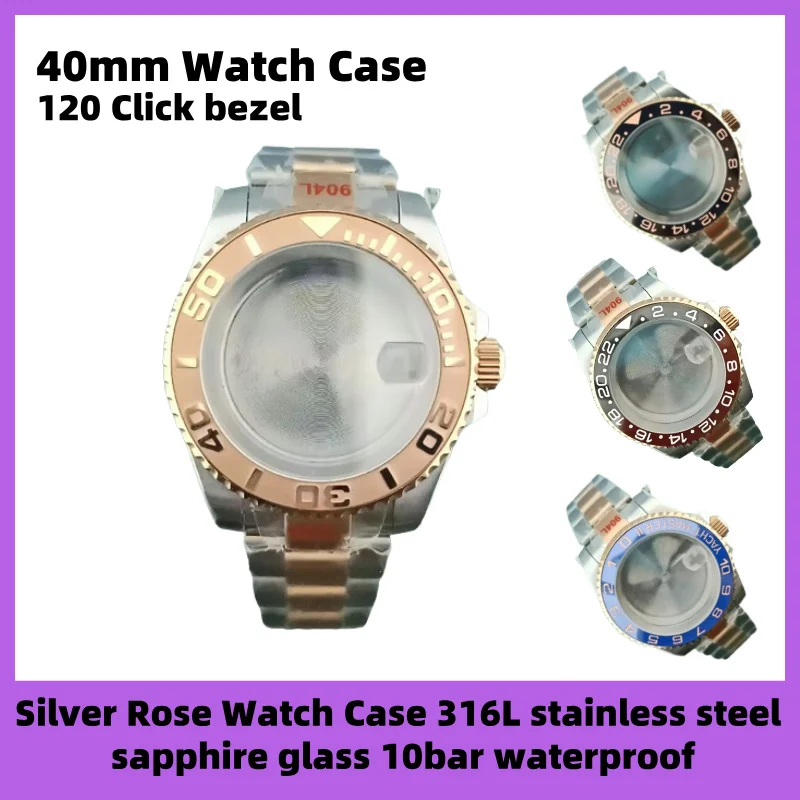 

40mm Silver Rose Watch Case fit NH34 NH35 NH36 120 Click bezel 316L Stainless steel sapphire Glass 10bar waterproof Oyster strap