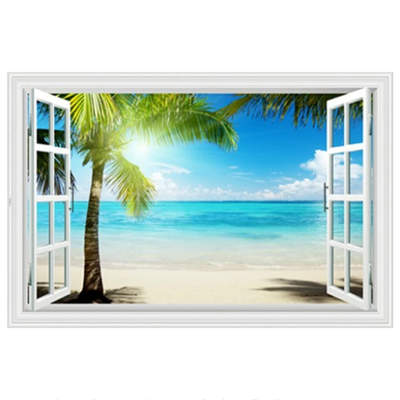Sea View Mural Sunny Beach Palm Tree Scenery 3D Vinyl Wall Art Fake Window Stickers for Home Decoration Room Landscape Wallpaper