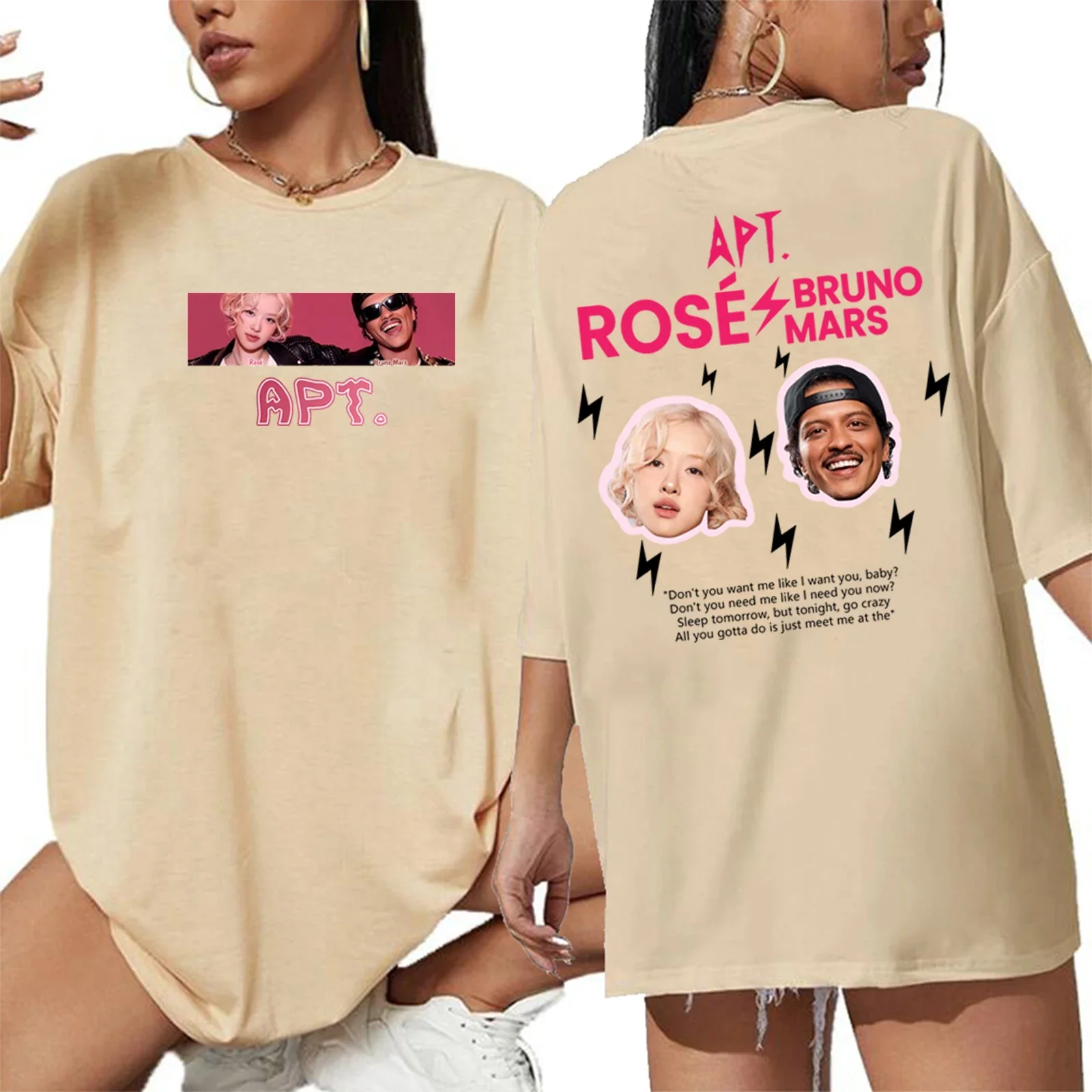 ROSÉ & Bruno Mars APT Song T-Shirt Graphic Printing Hip Hop Vintage Short Sleeve Unisex Cotton Album Merch Shirt