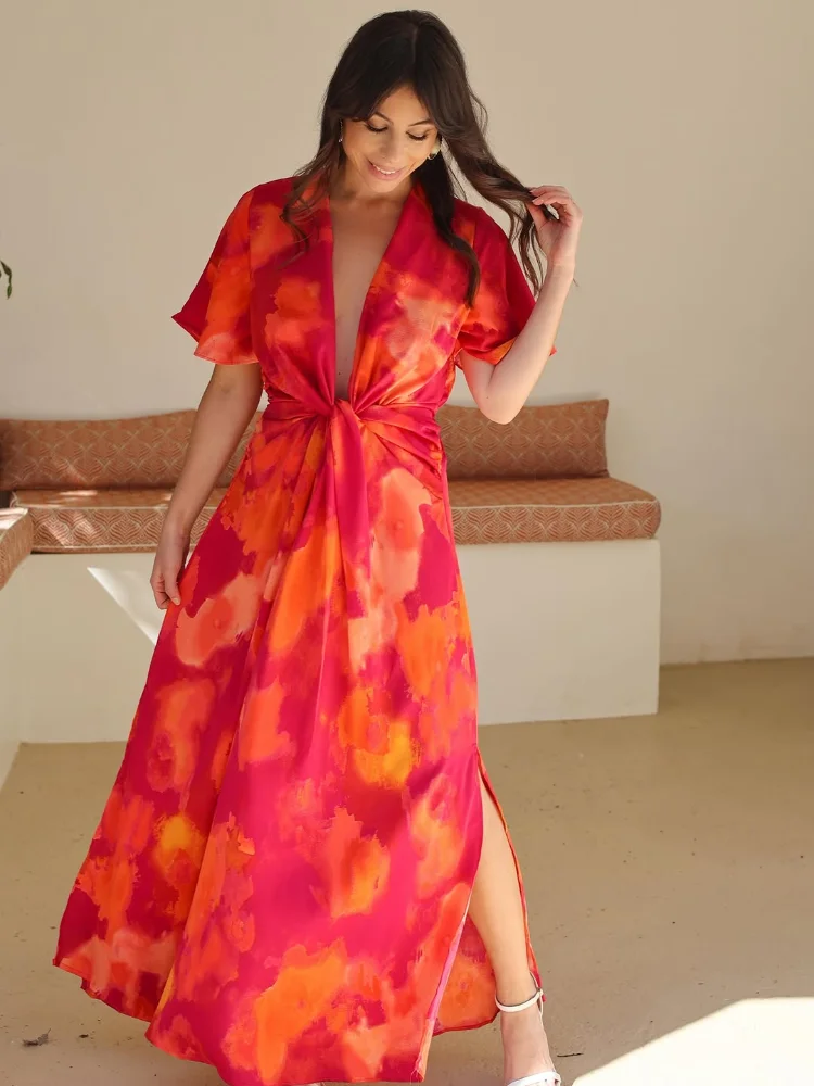 

Casual Printed Maxi Dress Women Chic V-neck Short Sleeve High Waist Pleated Loose Dresses 2026 Summer New Beach Vacation Robe