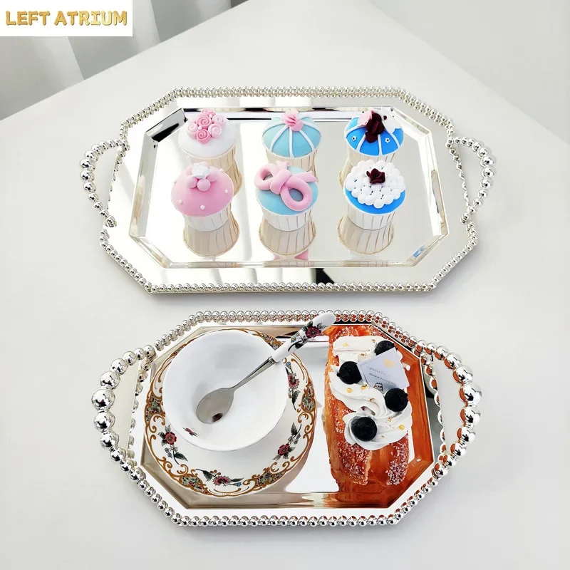 European Metal Beaded Octagon Tray Fruit Plate Cake Stand Baking Birthday Party Decor Wedding Event Item