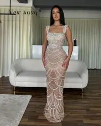 Arabic Nude Champagne Spaghetti Straps Evening Dresses Crystals Pearls Beaded Long Sequins Party Gowns Sexy Sheer Night Robes