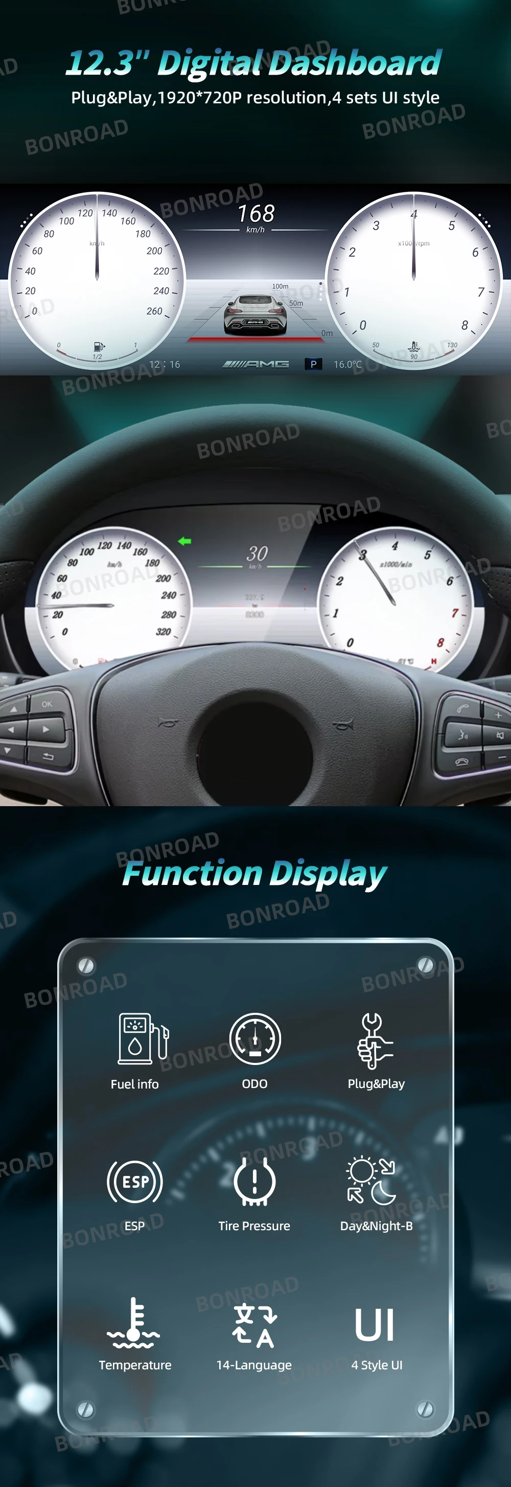 BONROAD 12,3'' Digitales Auto-Armaturenbrett für Benz A-Klasse W176 GLA X156 CLA C117 2013-2019 Tachometer Cockpit Instrumentencluster – Detail 1