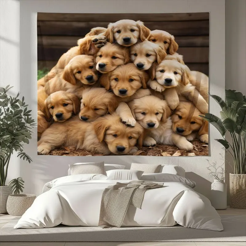 Adorable Stacked Golden Retriever Puppies Tapestry Lifelike Dog Pile Wall Art, Living Room Kids Room Decor suitable offices bars