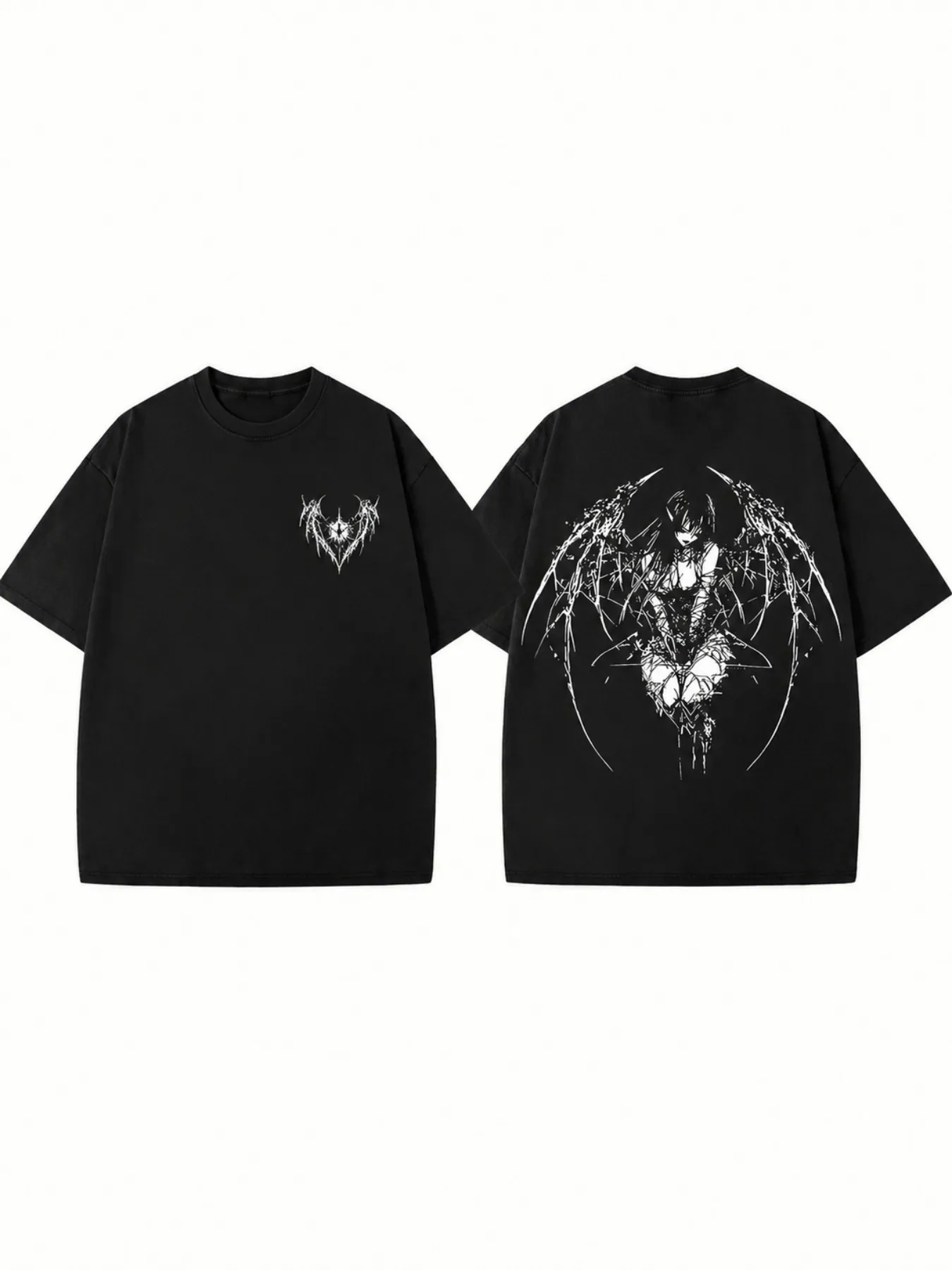 Dark Anime Girl Wings White Thread Print Women's Loose Short Sleeved T-shirt Summer Top Loose Breathable Fun Street Trend Style