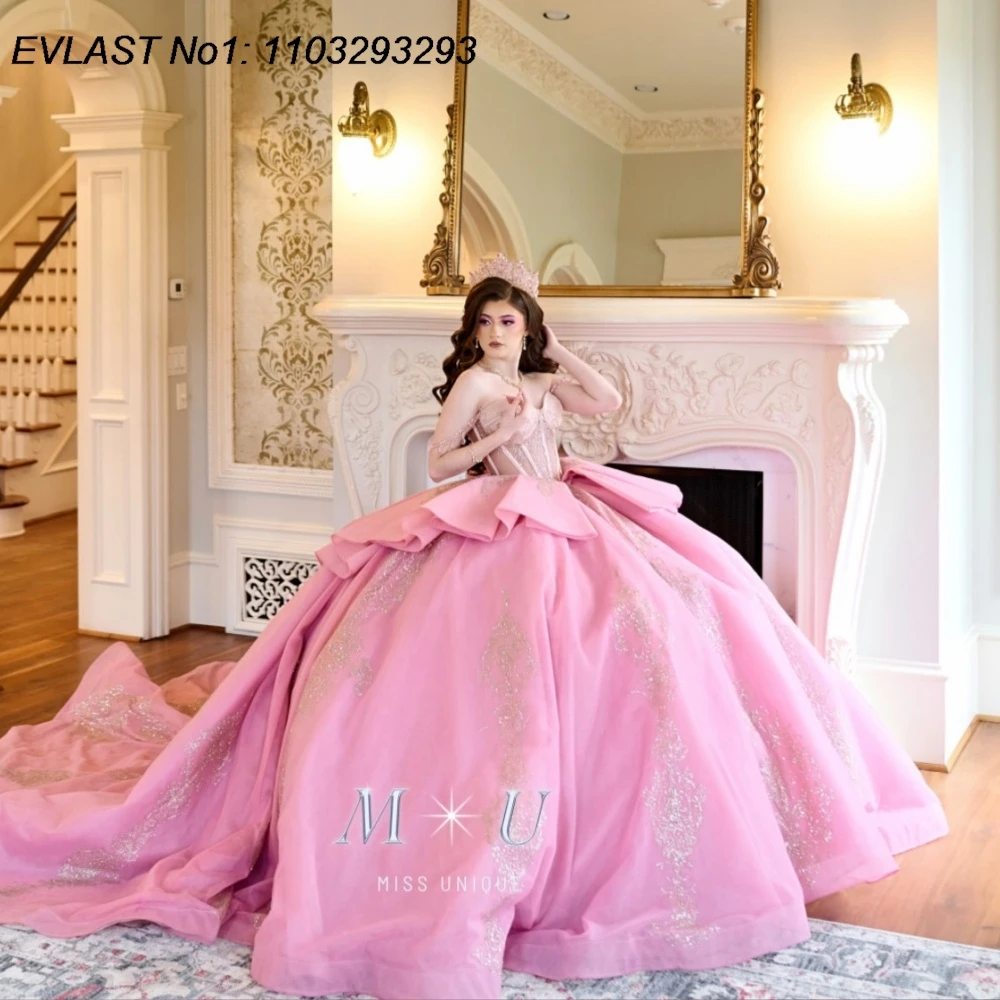 

EVLAST розовое платье принцессы Quinceanera по индивидуальному заказу, бальное платье с золотой кружевной аппликацией и бисером, милое платье 16, Vestidos De 15 Anos E1QN733