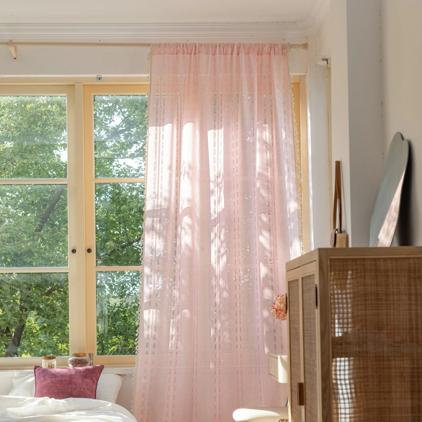 Pink color and blue color semi-blackout hollowed-out jacquard curtains for living room balconies