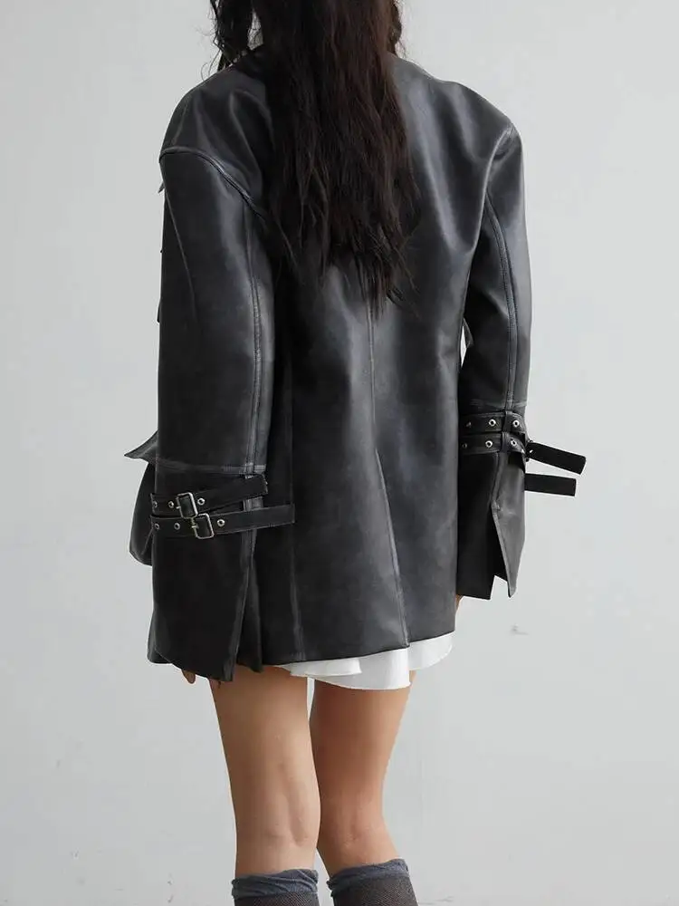 HUISONG فضفاضة تناسب جيب أسود حجم كبير بولي Leather سترة جلدية جديدة التلبيب كم طويل المرأة معطف موضة ربيع الخريف 2025 #4